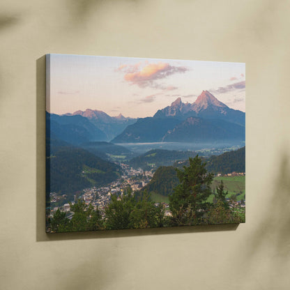 Mountain sunset landscape canvas wall art with vibrant sky and detailed nature scene.