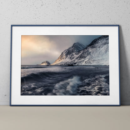 Majestic mountain sunset poster with snowy peaks and moody ocean waves wall art.