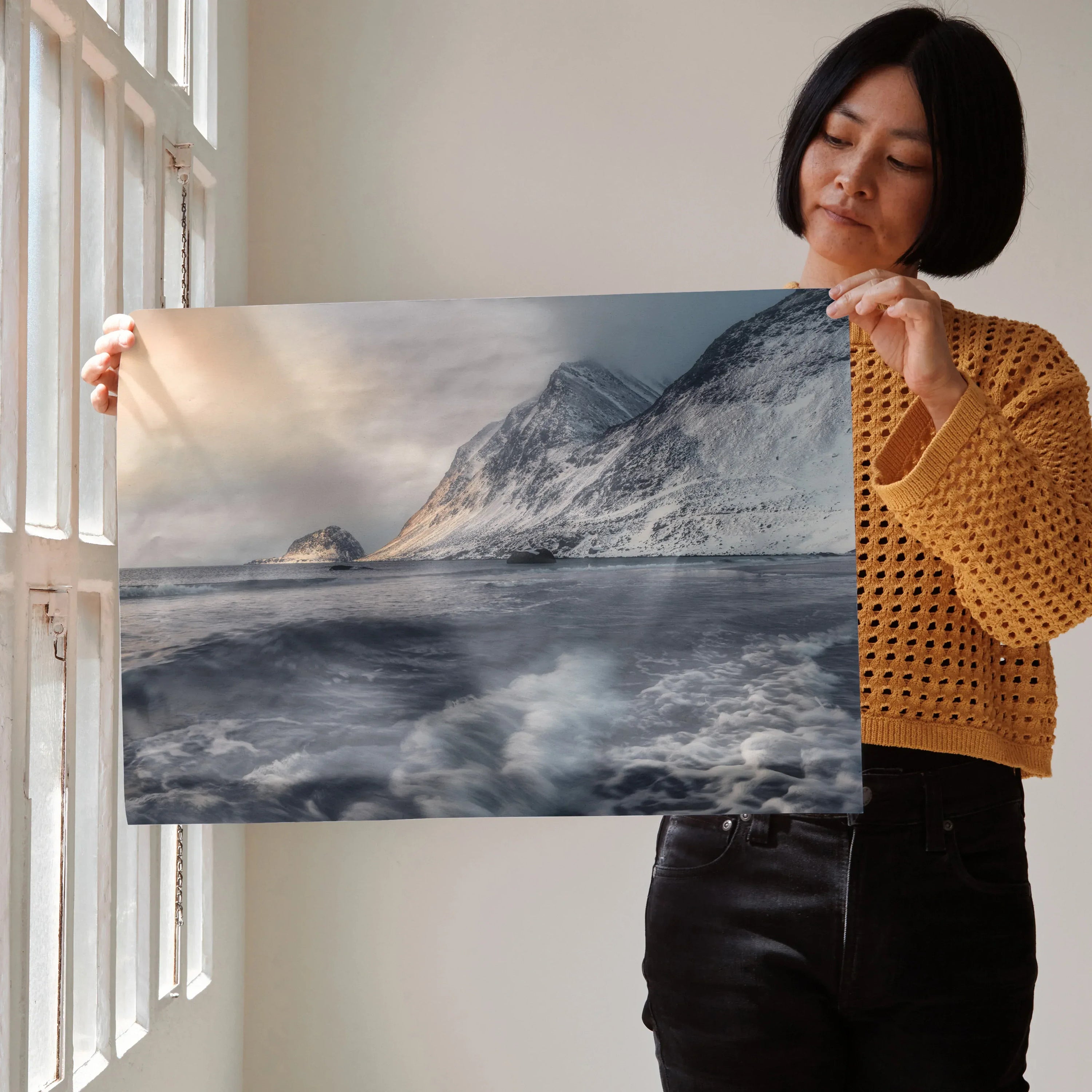 Majestic mountain sunset poster with snowy peaks and cloudy sky wall art.