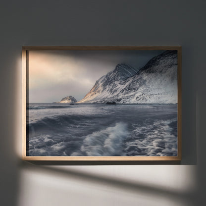 Majestic mountain sunset wall art poster with snowy peaks and dramatic sky in wooden frame.