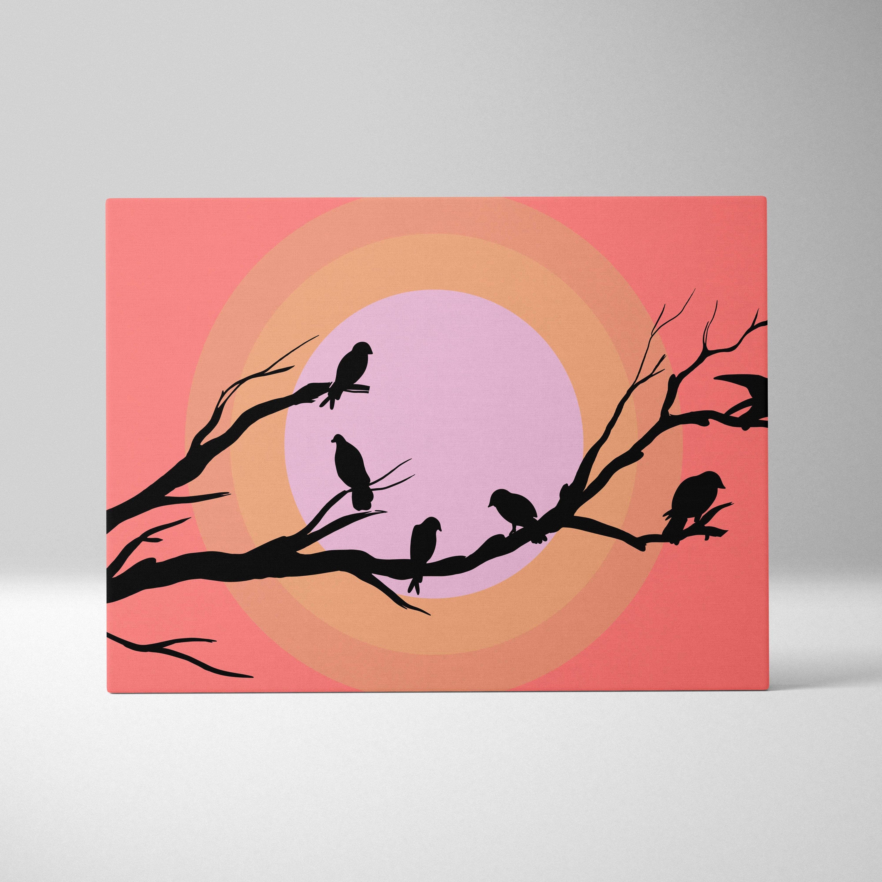 Rectangular canvas print featuring black bird silhouettes on coral and pastel gradient circles in minimalist style wall art