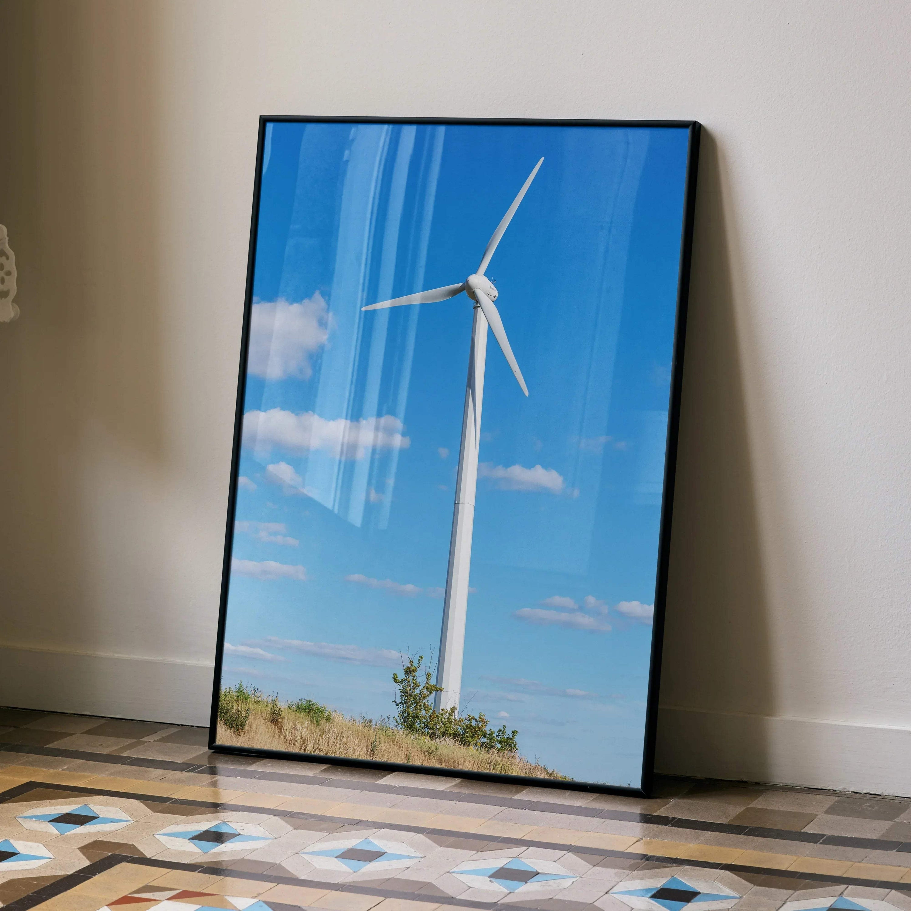 Windmill poster against blue sky with clouds, modern rural landscape wall art print.