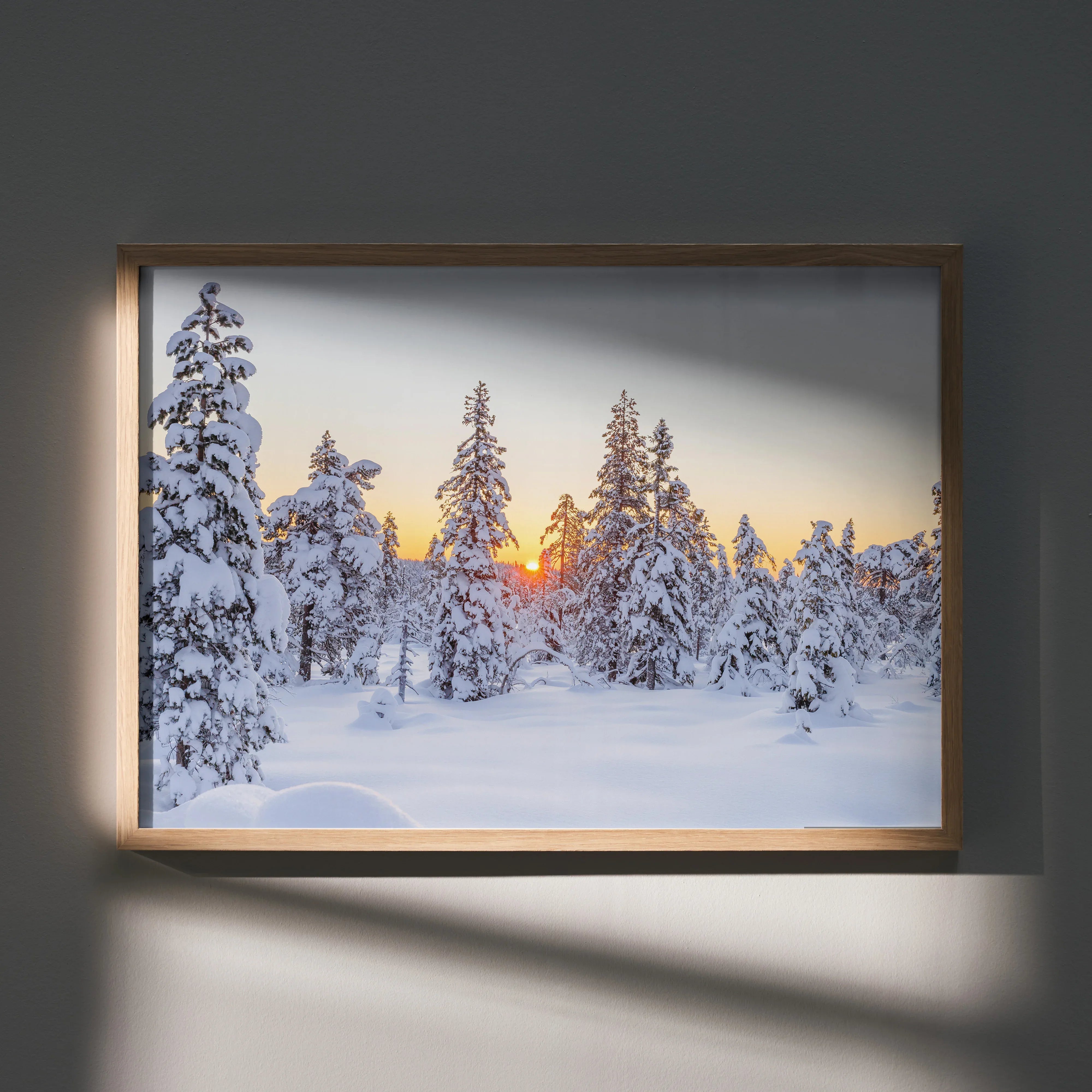 Serene snowy mountain landscape poster with frosted pine trees at sunset wall art.