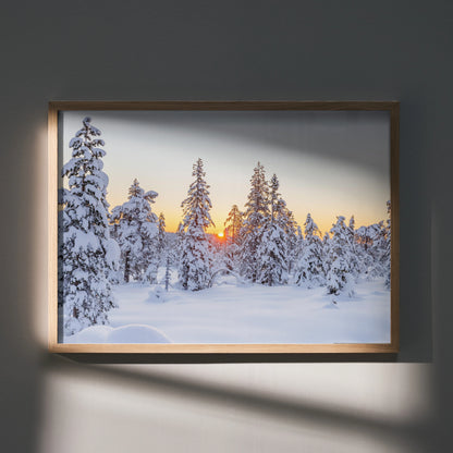 Serene snowy mountain landscape poster with frosted pine trees at sunset wall art.