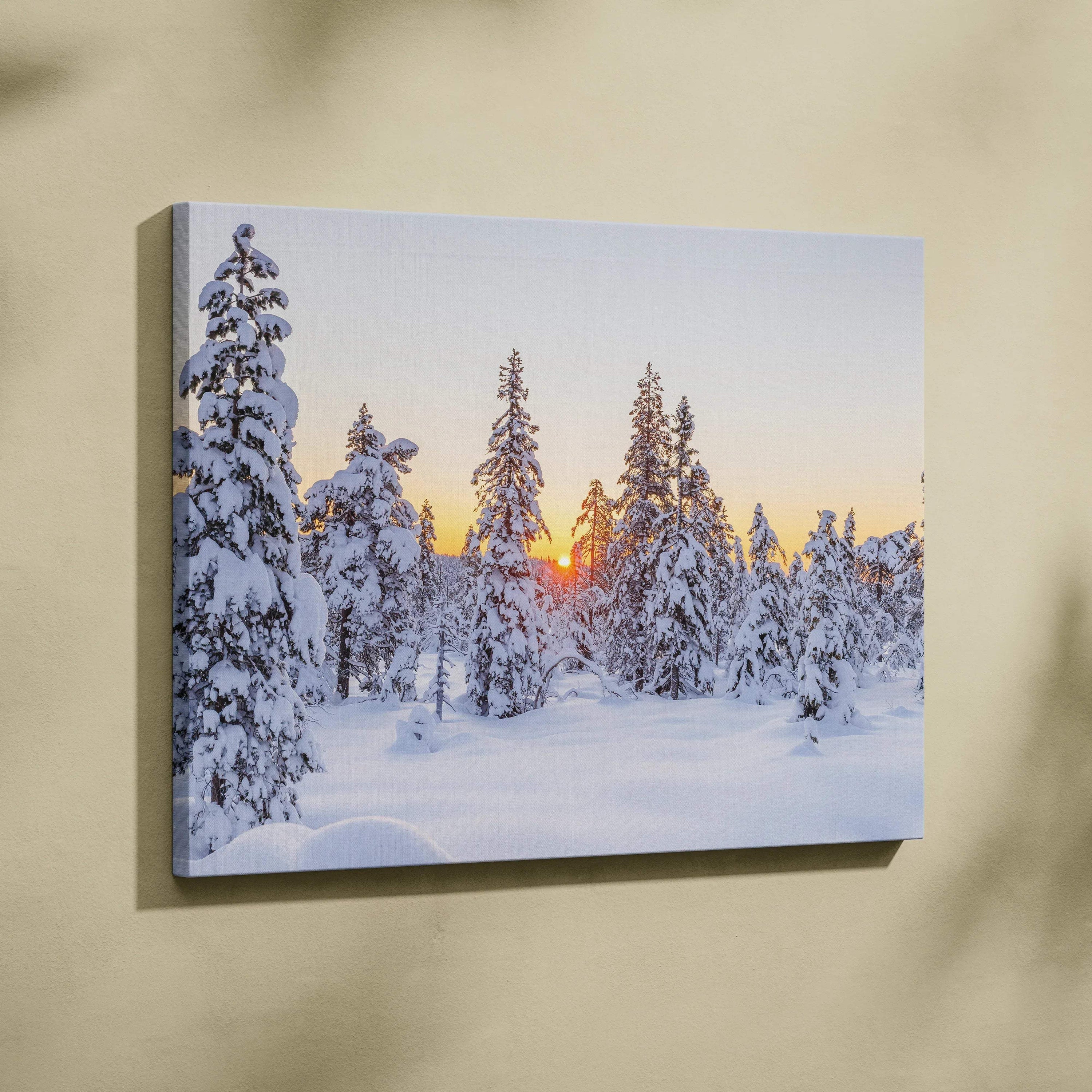 Snowy forest landscape with vibrant sunset on canvas wall art, horizontal nature scene.