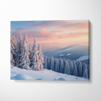Photorealistic snowy pine forest winter landscape canvas wall art at sunset