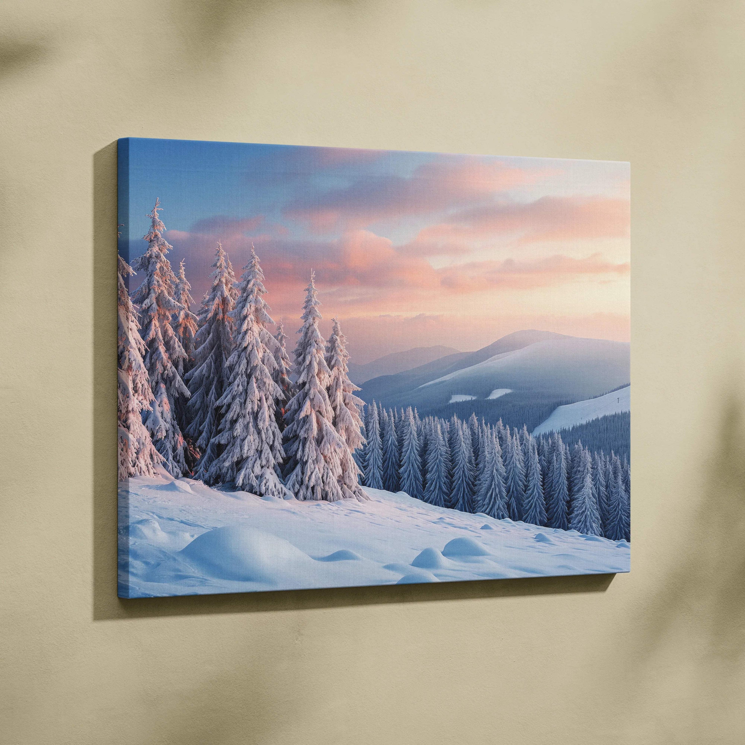Photorealistic snowy pine forest sunrise glow canvas wall art