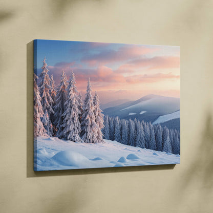 Photorealistic snowy pine forest sunrise glow canvas wall art