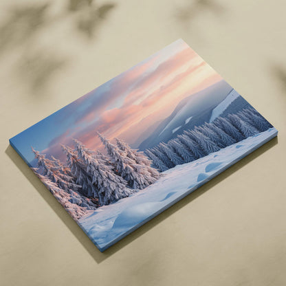 Snowy pine forest at pink-blue sunrise glow on canvas wall art