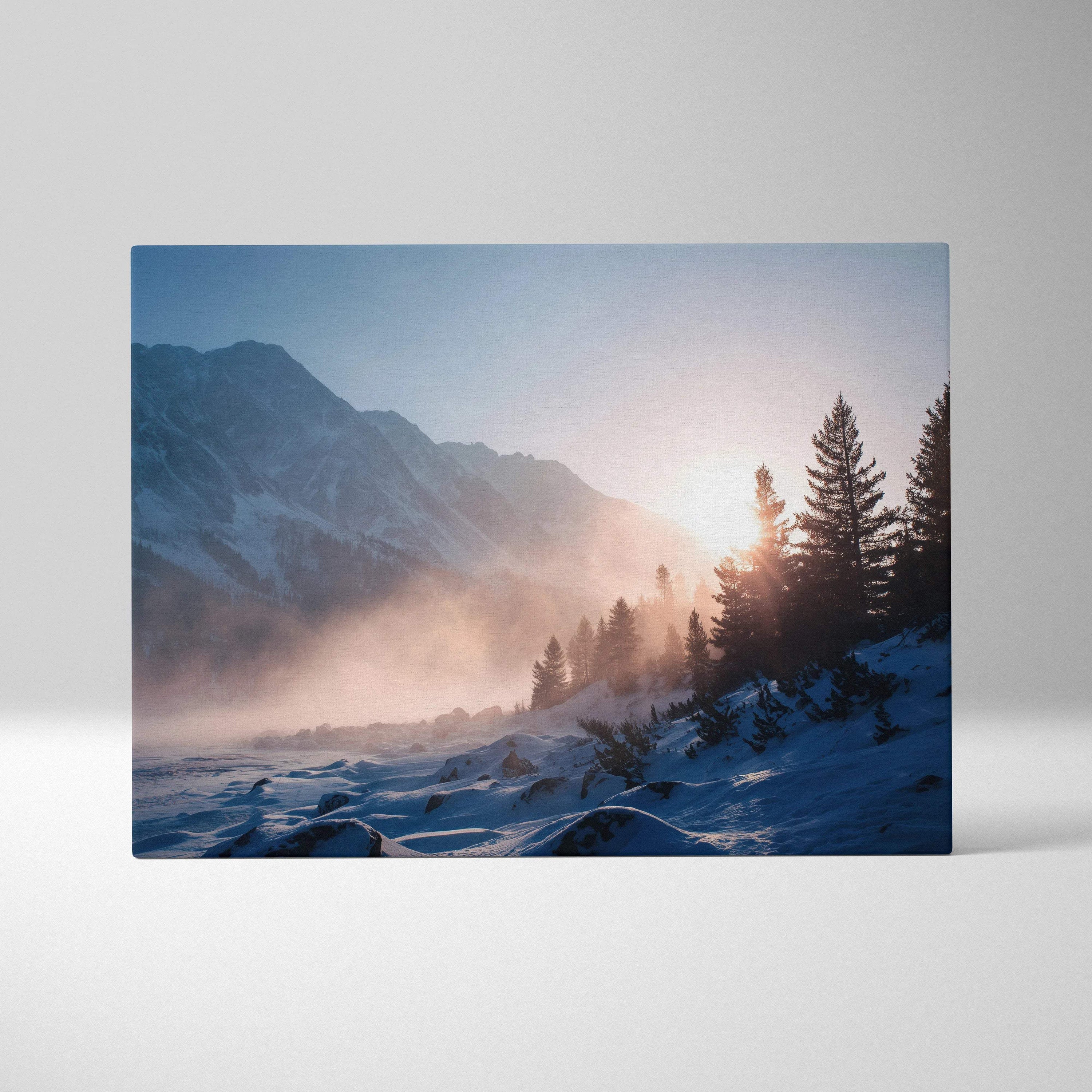Serene winter sunrise over snowy mountains and pine forest canvas art