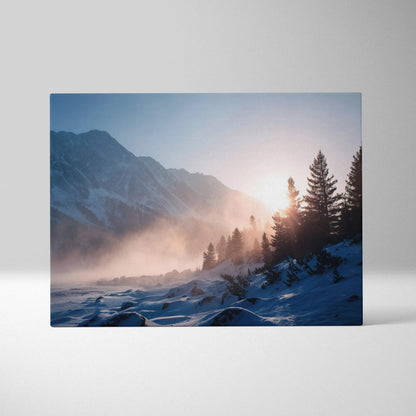 Serene winter sunrise over snowy mountains and pine forest canvas art