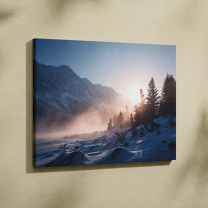 Serene winter sunrise over snowy mountains and pine forest canvas print