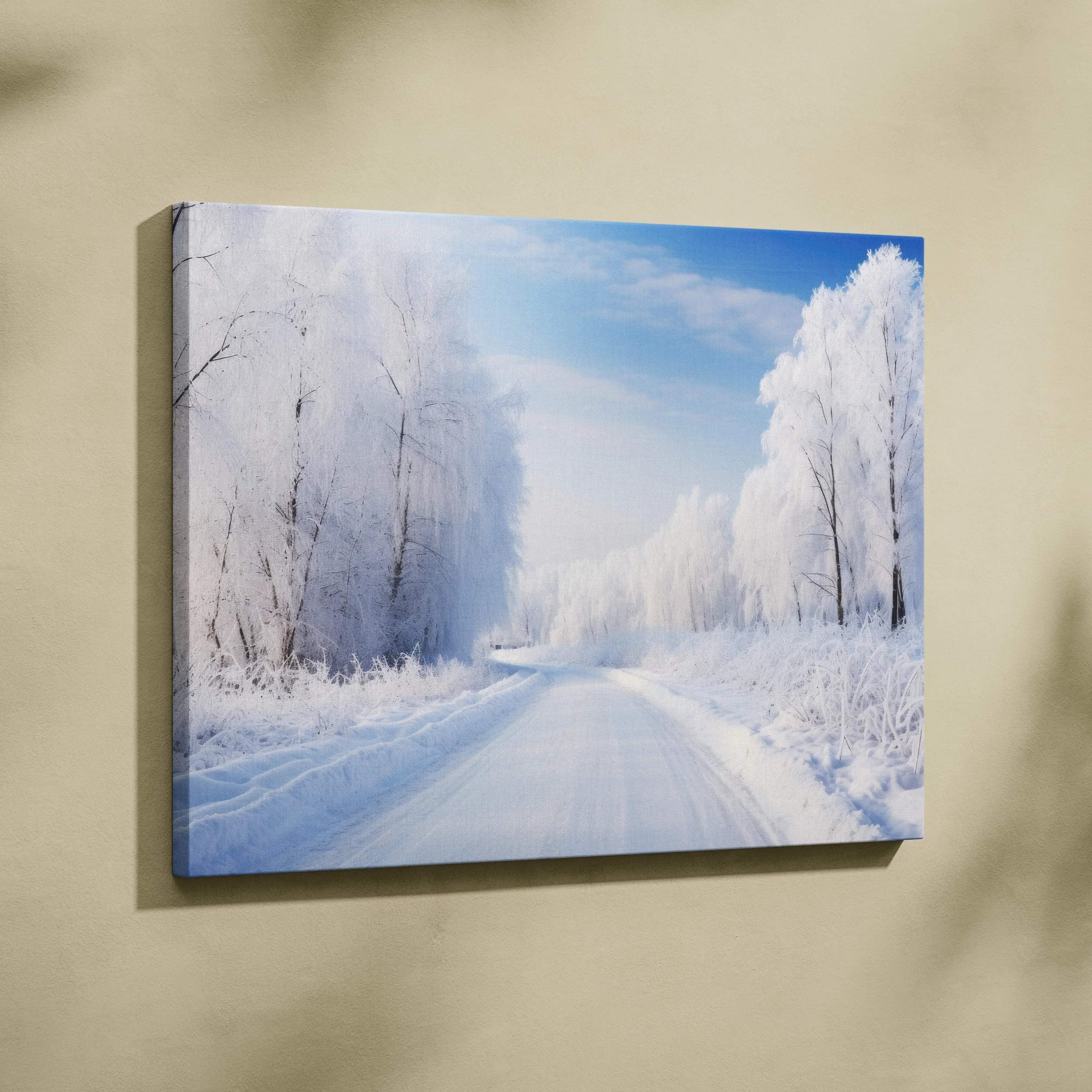 Canvas wall art featuring a serene snowy winter landscape with frosted trees and a bright blue sky.
