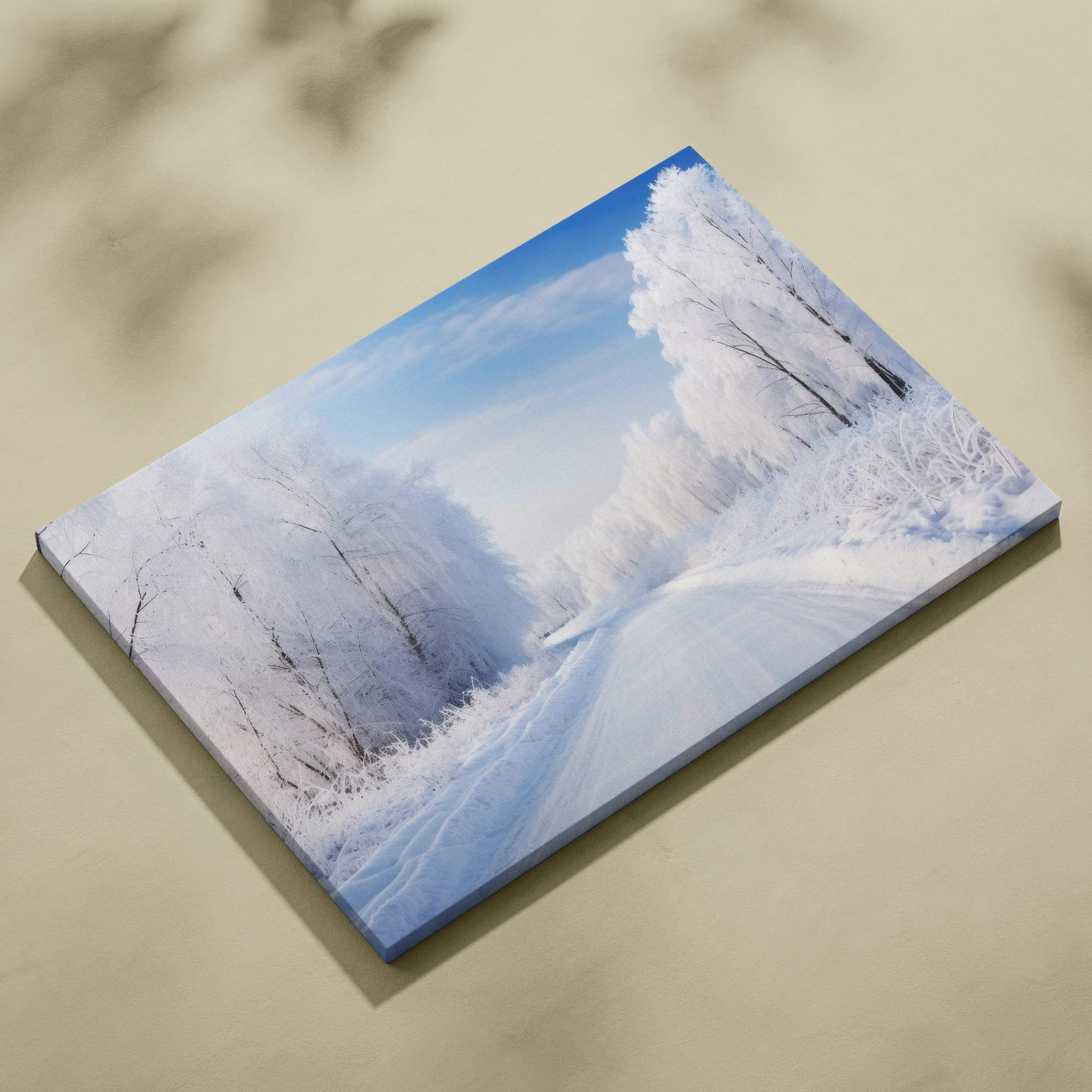 Canvas wall art featuring a snowy winter landscape with frosted trees and a clear blue sky.