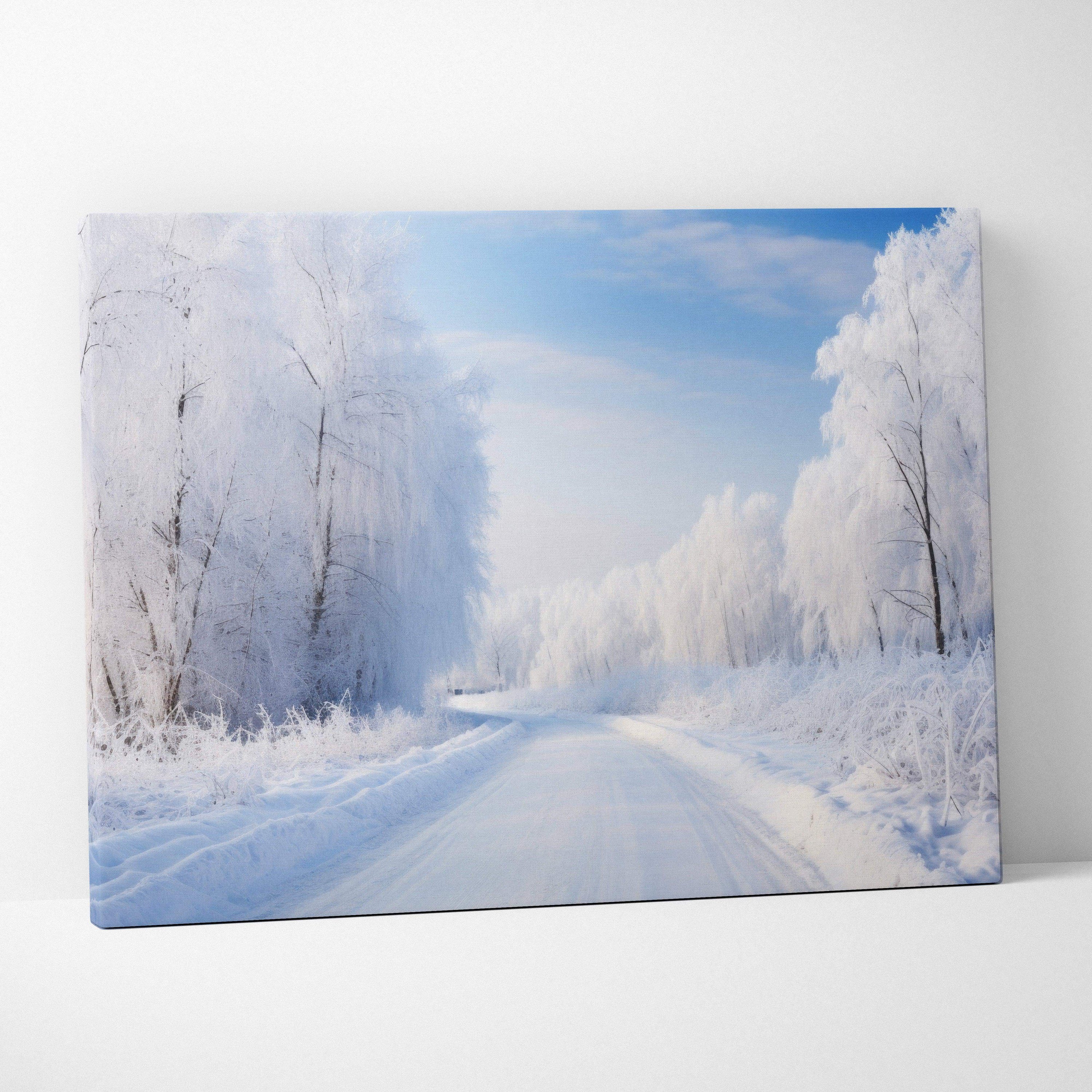 Canvas wall art featuring a snowy winter landscape with frosted trees under a bright blue sky.