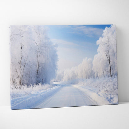 Canvas wall art featuring a snowy winter landscape with frosted trees under a bright blue sky.