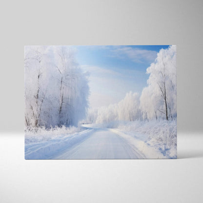Canvas wall art featuring a snowy winter landscape with frosted trees and a clear blue sky.