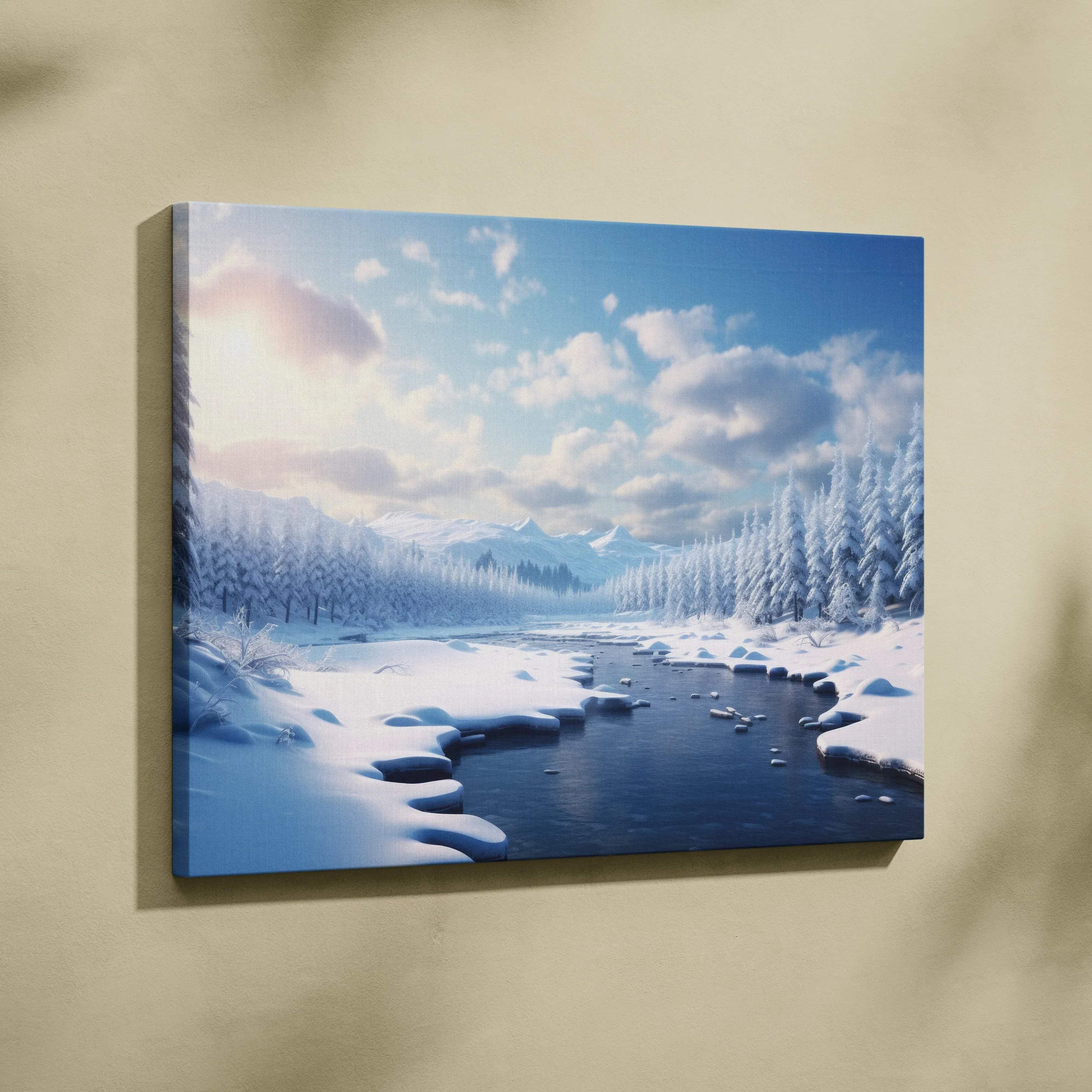 Winter snowy landscape canvas wall art with frosted trees and a calm river under a bright blue sky.