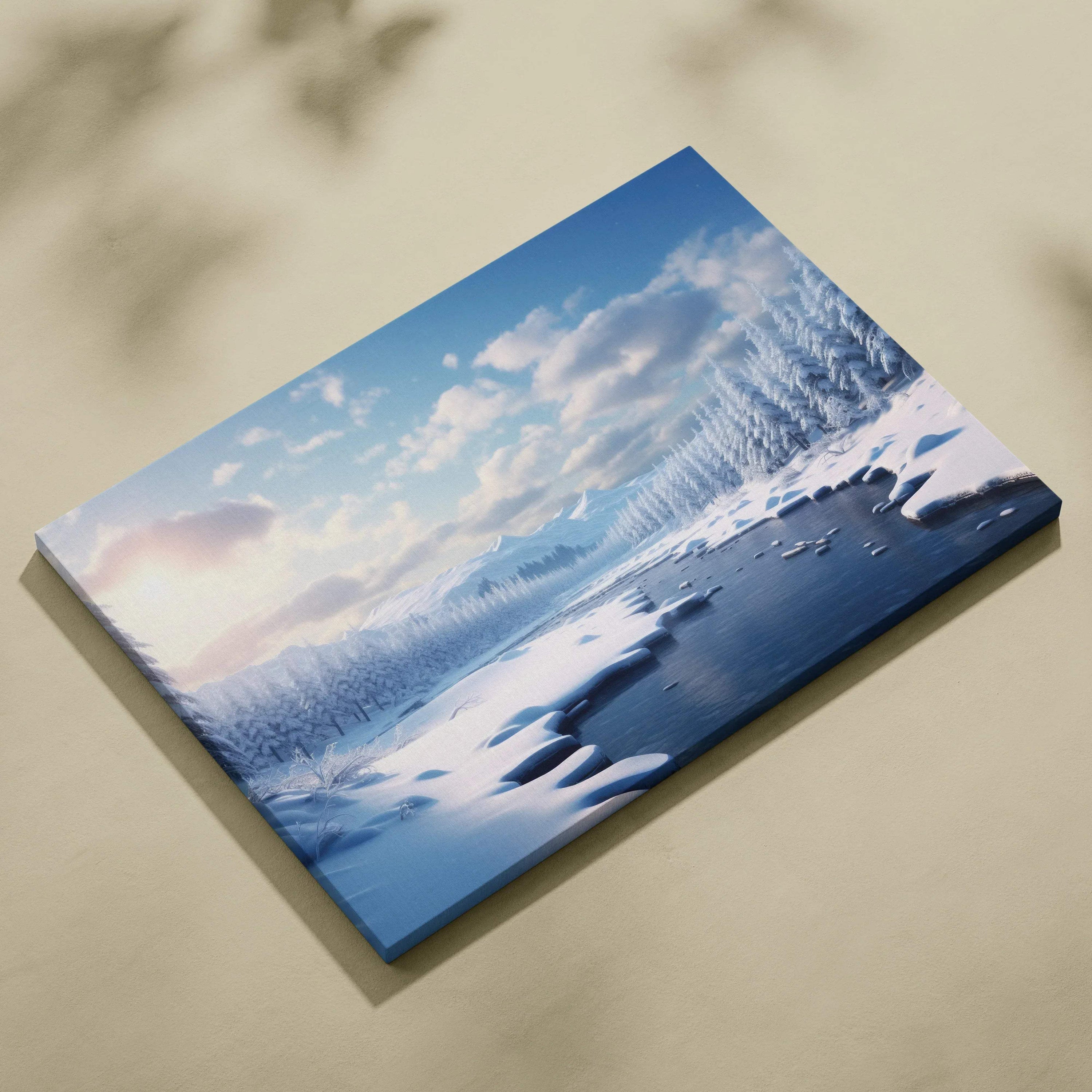 High-resolution canvas wall art featuring a snowy winter landscape with icy water, snow-covered trees, and soft blue sky.