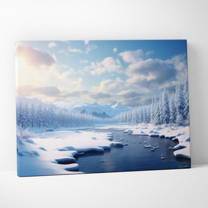 Canvas wall art of a snowy winter landscape with a calm river, snow-covered trees, and a bright sky.