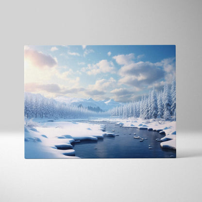 Canvas wall art featuring a serene snowy river landscape with frosted trees and soft blue sky decor.