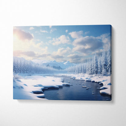Canvas wall art featuring dreamy winter snowy river scene with pine trees and cloudy sky decor.