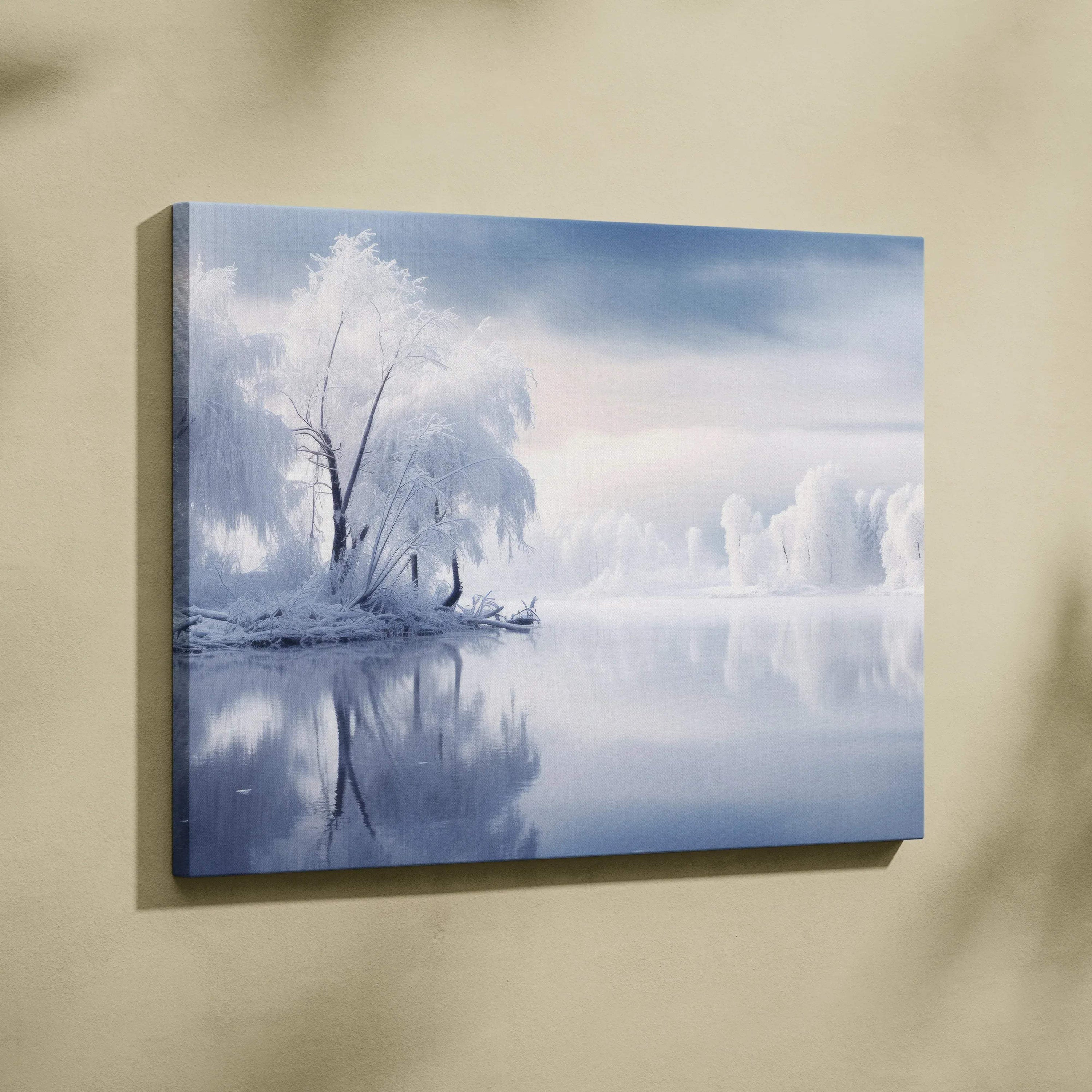 Winter snowy landscape canvas wall art with frosted trees reflected in calm water.