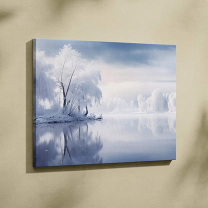 Winter snowy landscape canvas wall art with frosted trees reflected in calm water.
