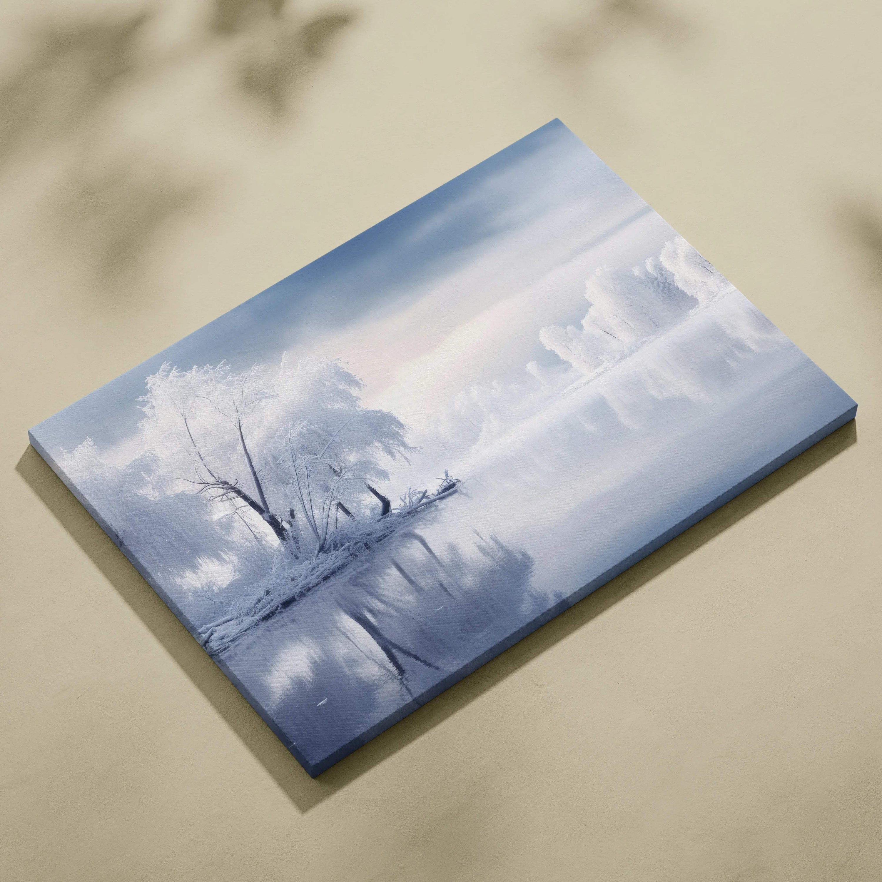 Canvas wall art featuring a serene snowy landscape with icy trees and a reflective frozen lake in soft blue and white tones.