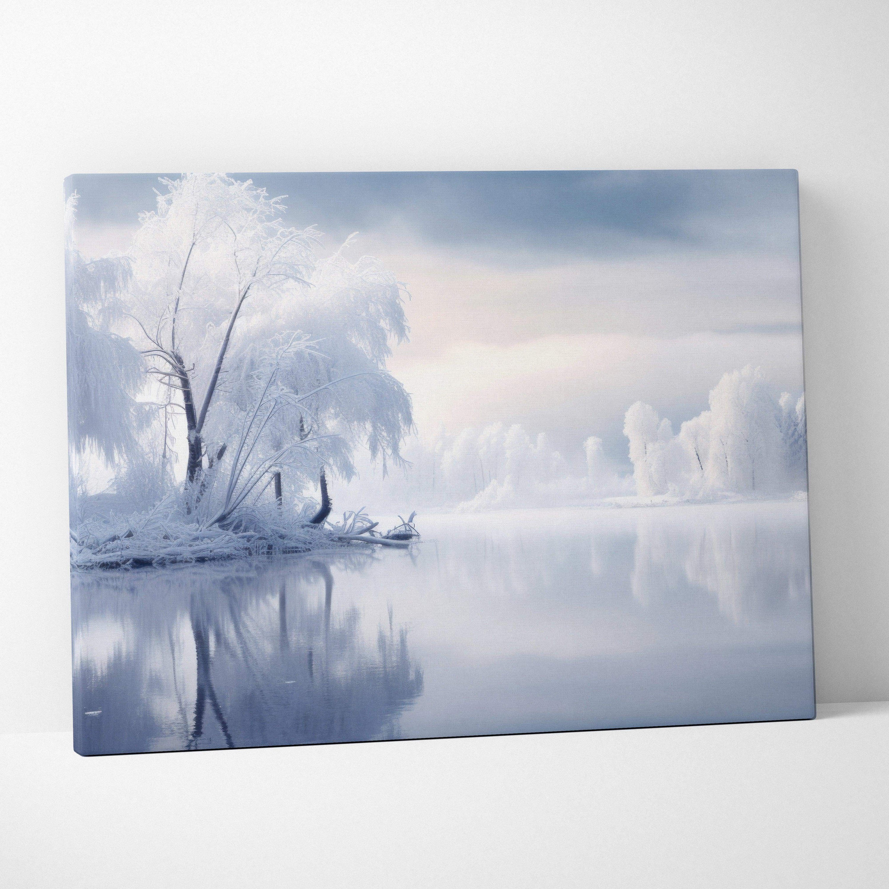 Canvas wall art featuring a serene snowy winter landscape with frosted trees reflecting on a calm lake under a soft,.