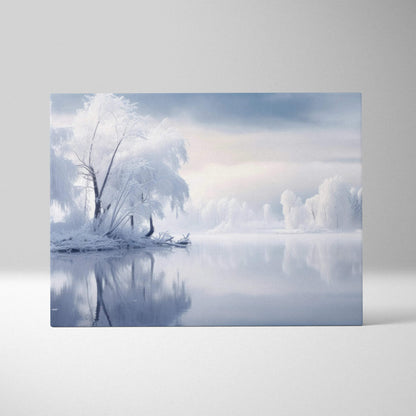 Canvas wall art featuring a serene snowy landscape with snow-covered trees reflected in calm water.