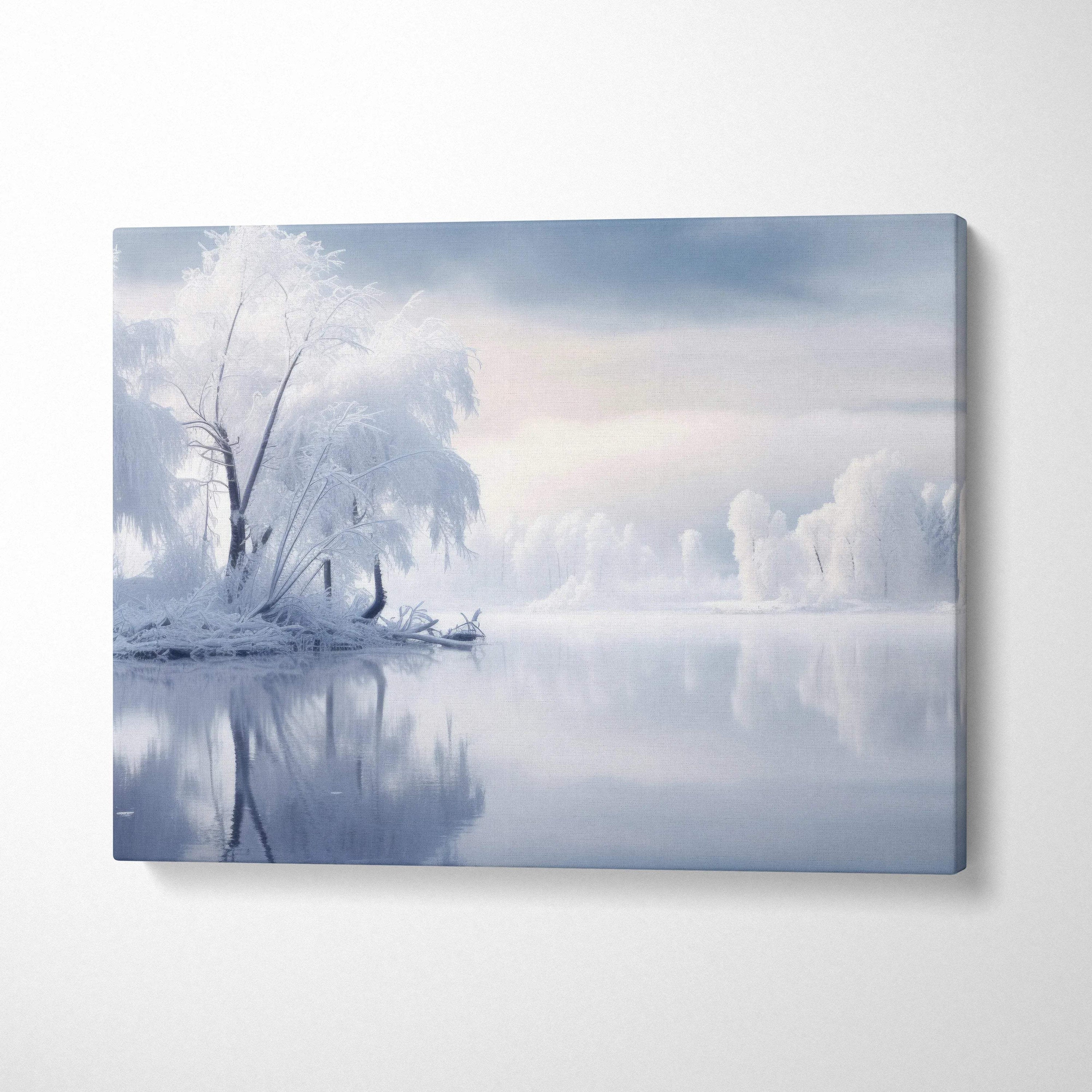 Winter snowy landscape canvas wall art with frosted trees reflecting on calm water decor.