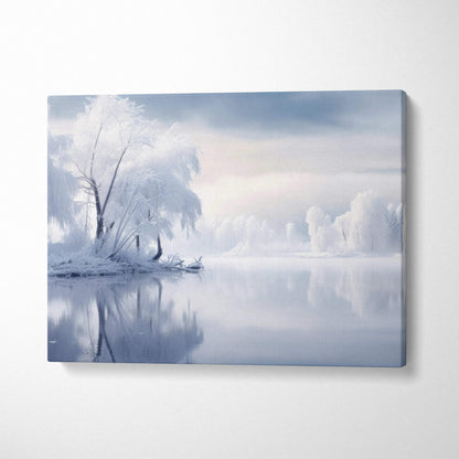 Winter snowy landscape canvas wall art with frosted trees reflecting on calm water decor.