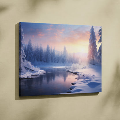 Winter landscape canvas wall art featuring a snowy forest and river at sunset with soft pink and purple sky decor.