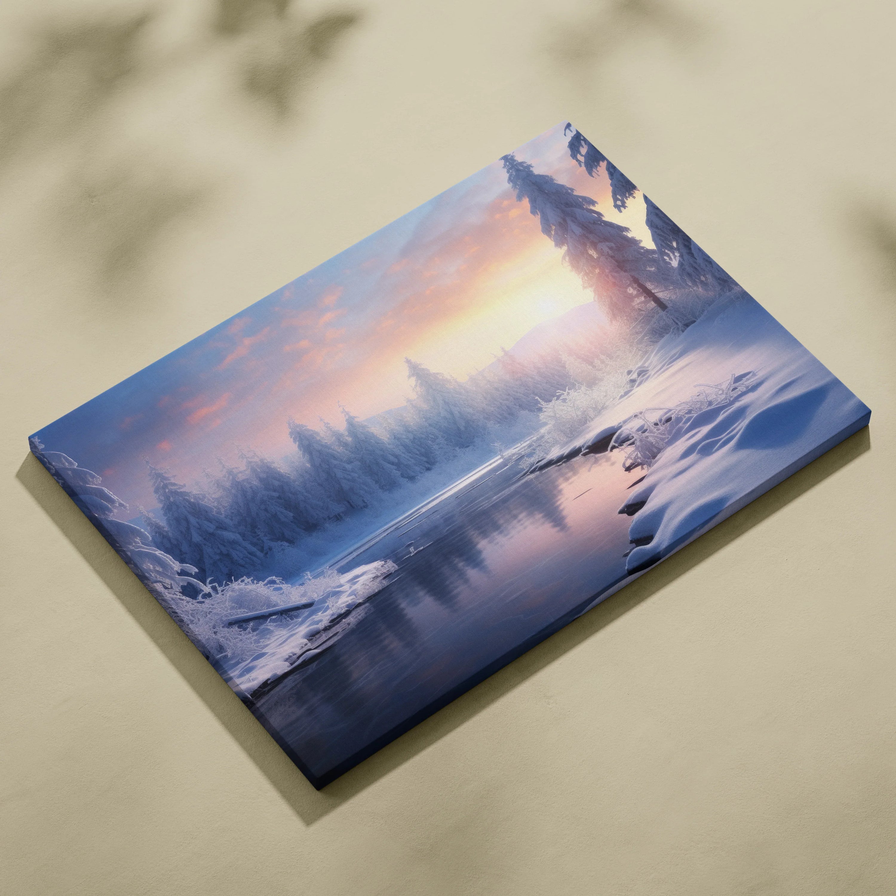 Canvas wall art featuring a snowy river landscape at sunset with soft pink and blue hues.