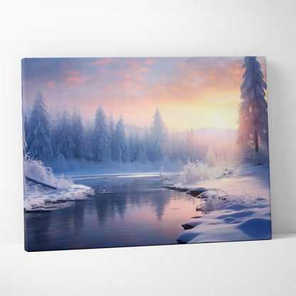 Canvas wall art depicting a snowy winter landscape at sunset with soft pink and orange skies over a river and snow-covered.