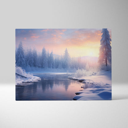 Canvas wall art featuring a snowy winter river landscape with trees and a soft pink and orange sunset sky.