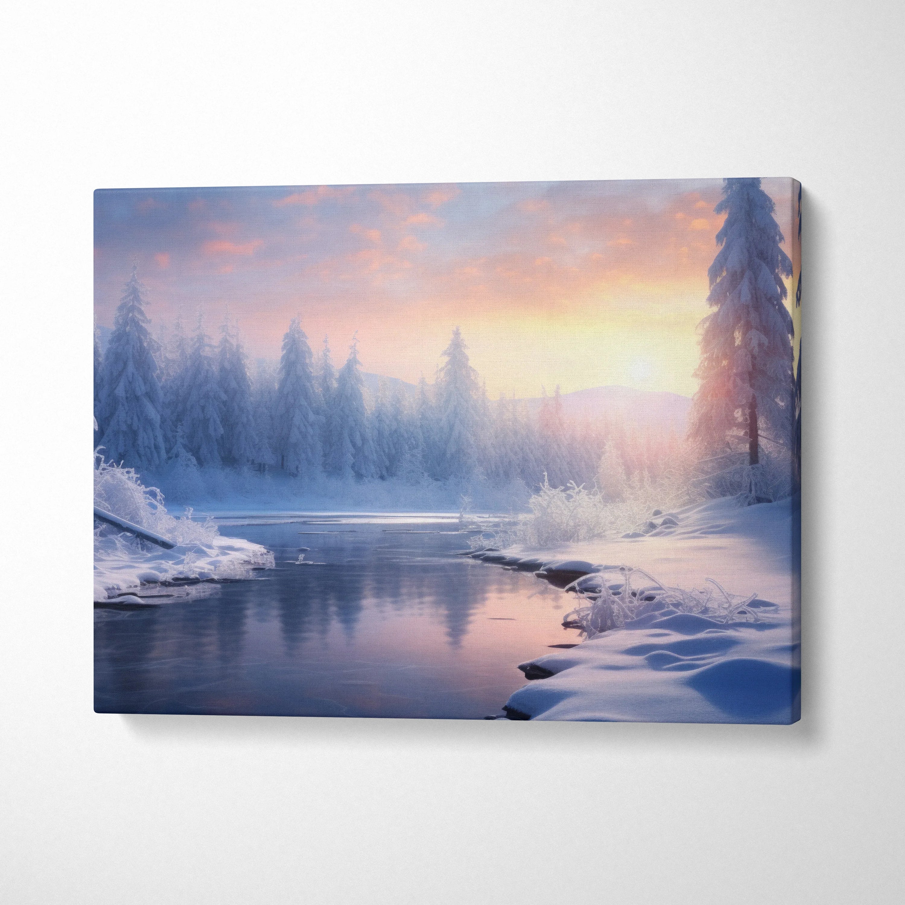 Winter landscape canvas wall art featuring a snowy forest and reflective river at sunset.