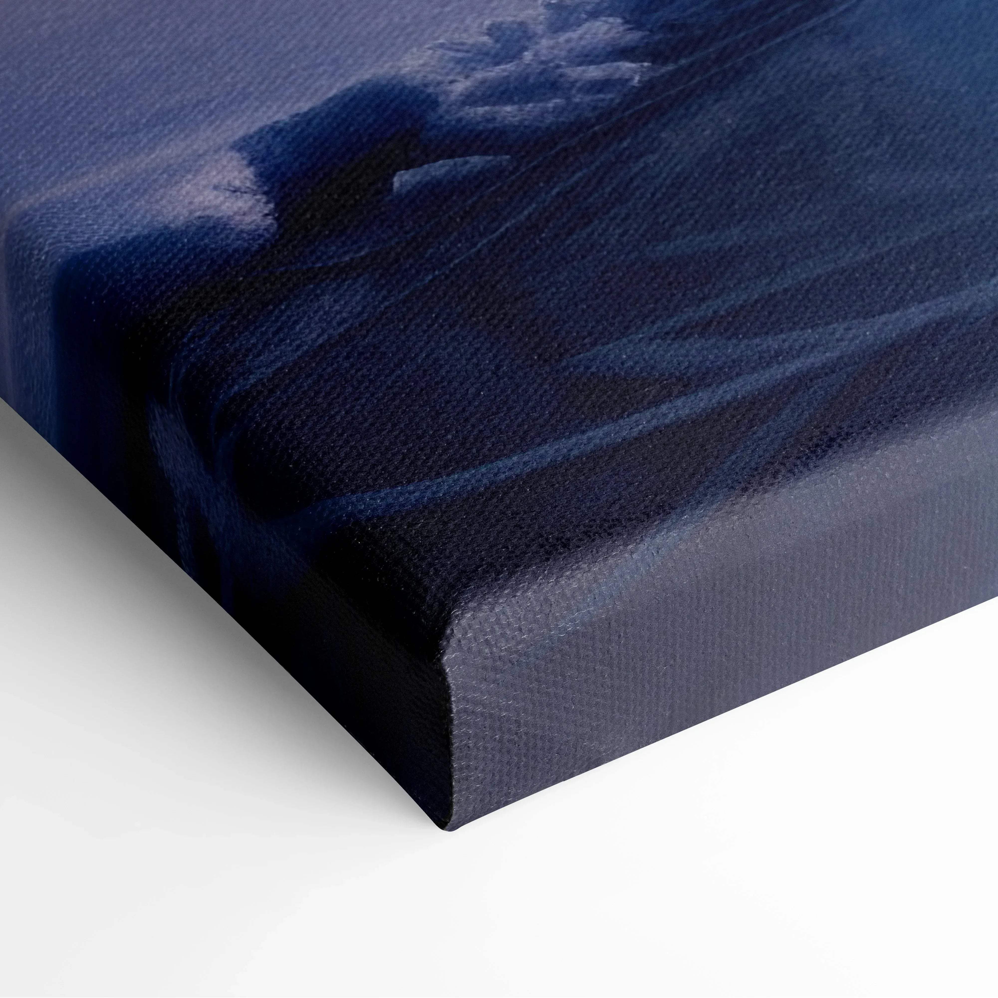 Deep blue canvas print with textured abstract wave design inspired by dreamy snowy sunset winter landscape wall art