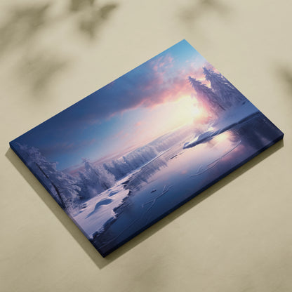 Canvas wall art featuring a snowy winter river landscape at sunset with soft pink and blue tones.