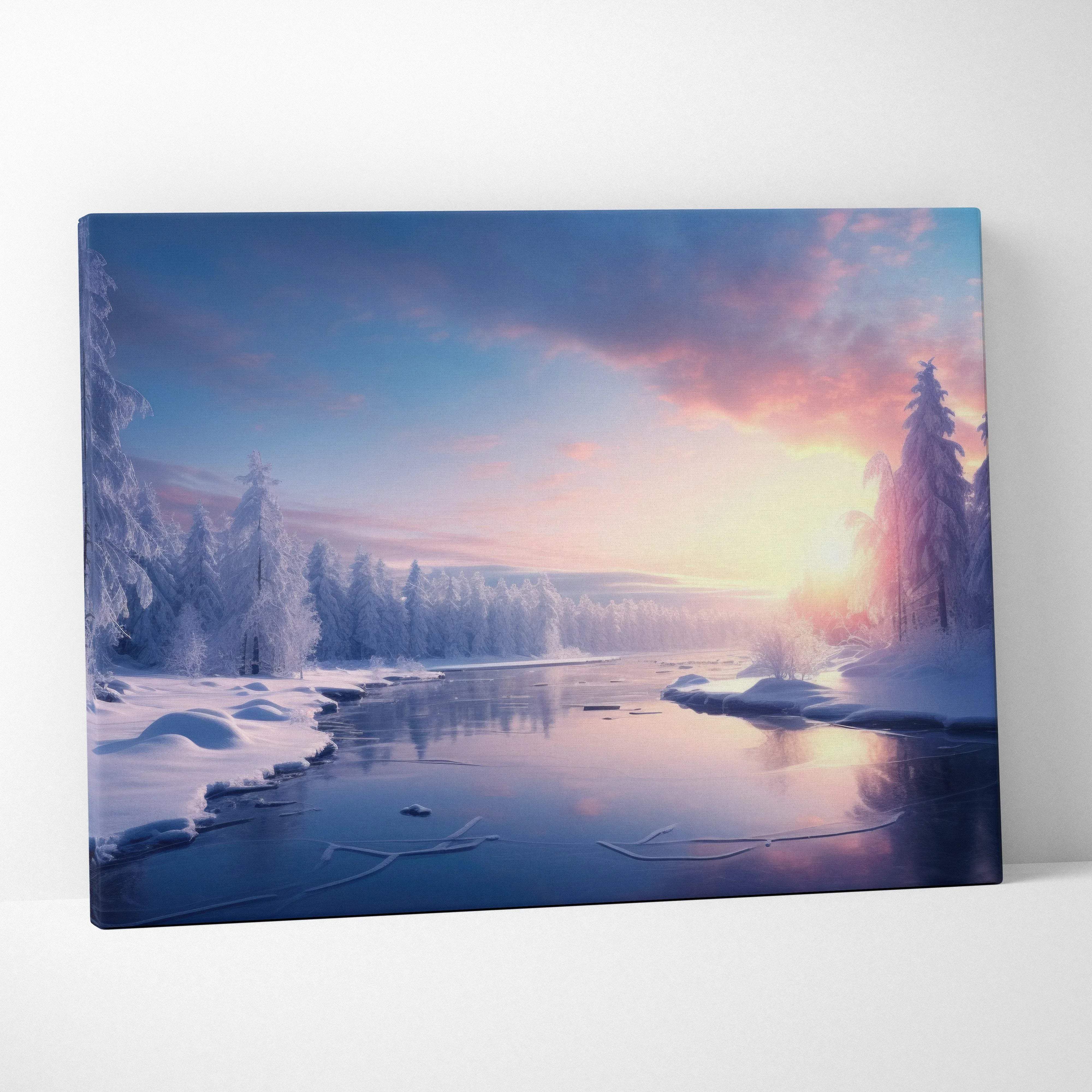 Dreamy snowy sunset winter landscape canvas wall art featuring snow-covered forest and icy water with pink and blue hues