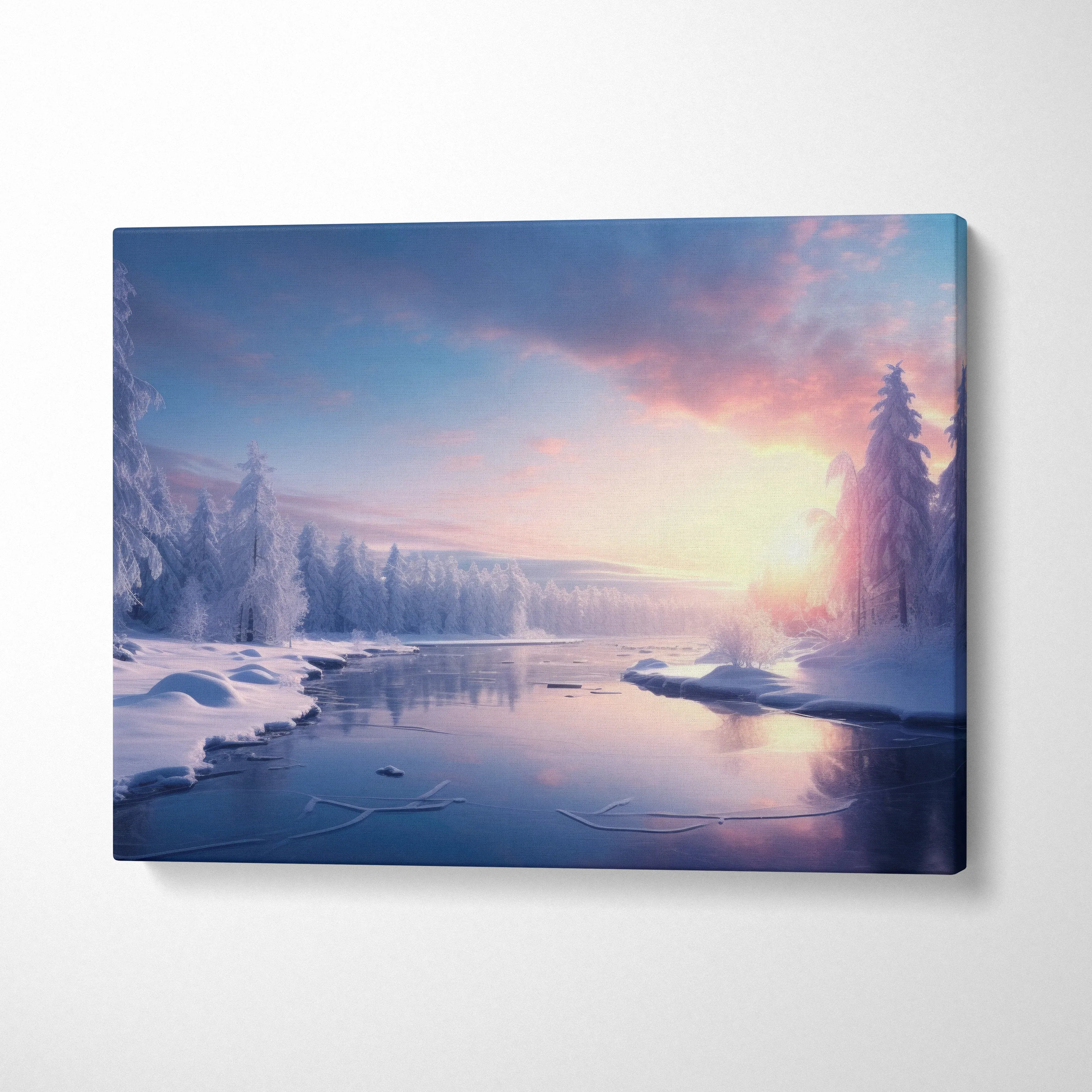 Canvas wall art featuring a snowy winter landscape with a glowing sunset over a frozen river.
