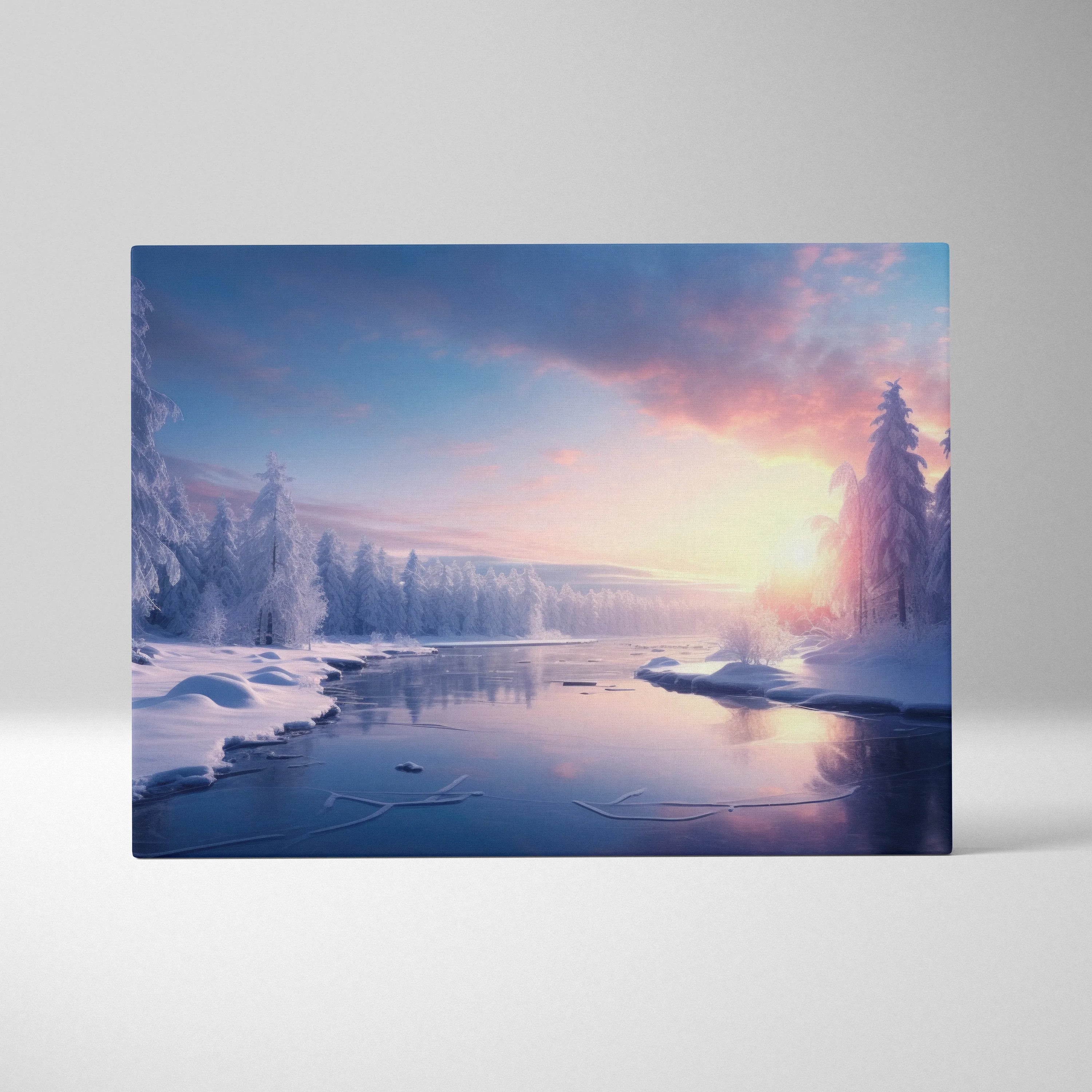 Canvas wall art depicting a snowy winter landscape with a glowing pink and orange sunset over a serene river surrounded by.