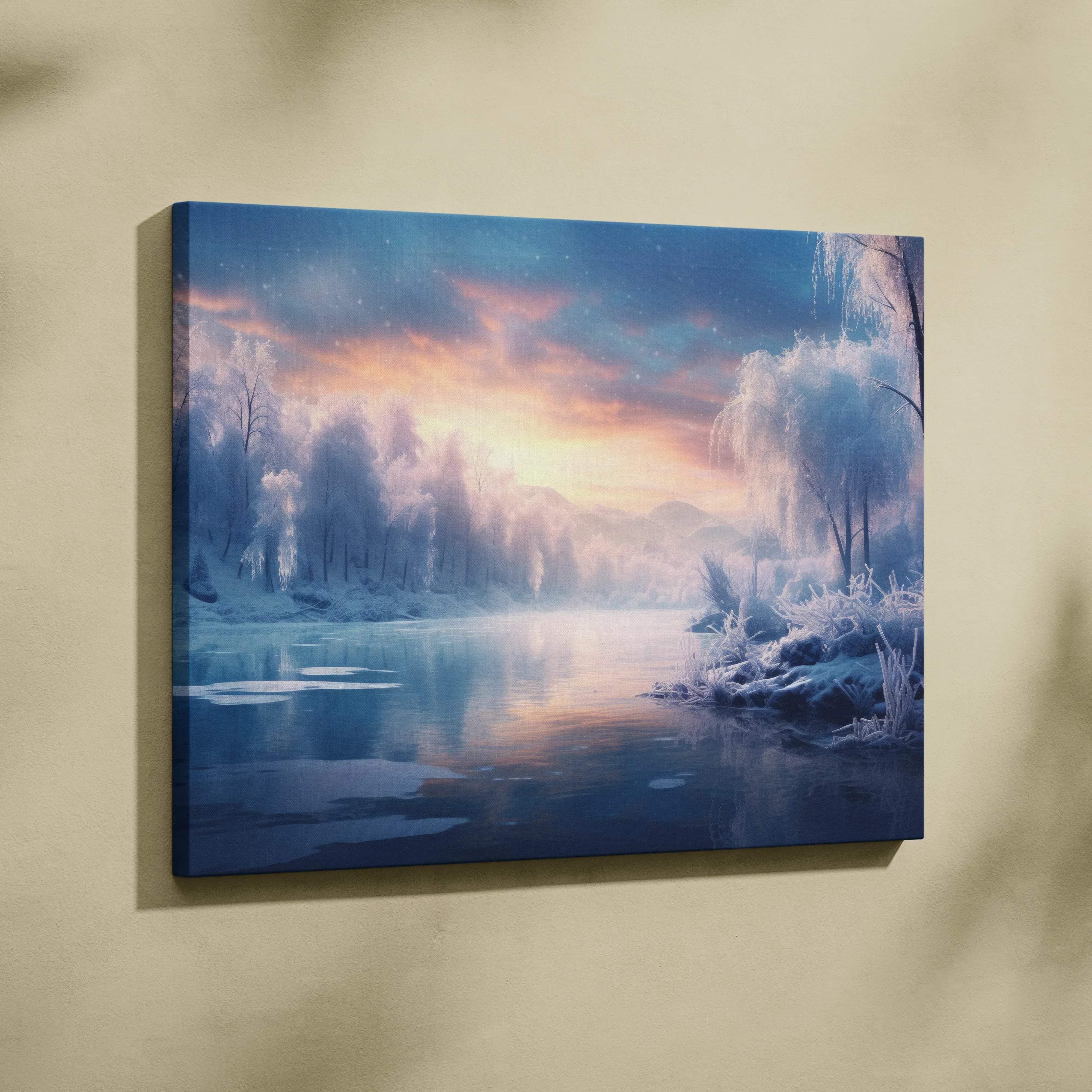 Rectangular canvas wall art showing a dreamy winter landscape with snow-covered trees and icy blue sunset reflection