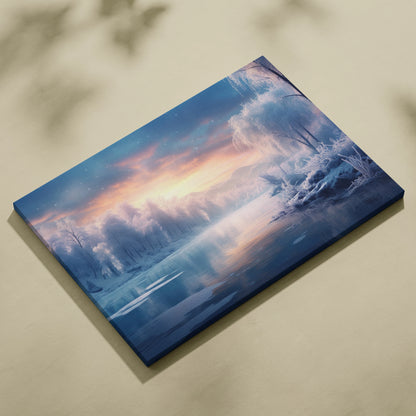 Canvas wall art depicting a serene snowy landscape with a soft pastel sunset sky and icy trees.