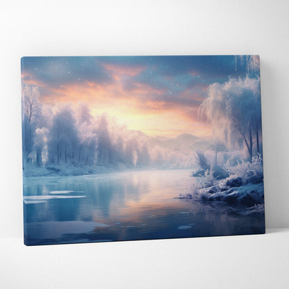 Canvas wall art featuring a serene snowy landscape with frosted trees and a vibrant orange-pink sunset sky above a calm.