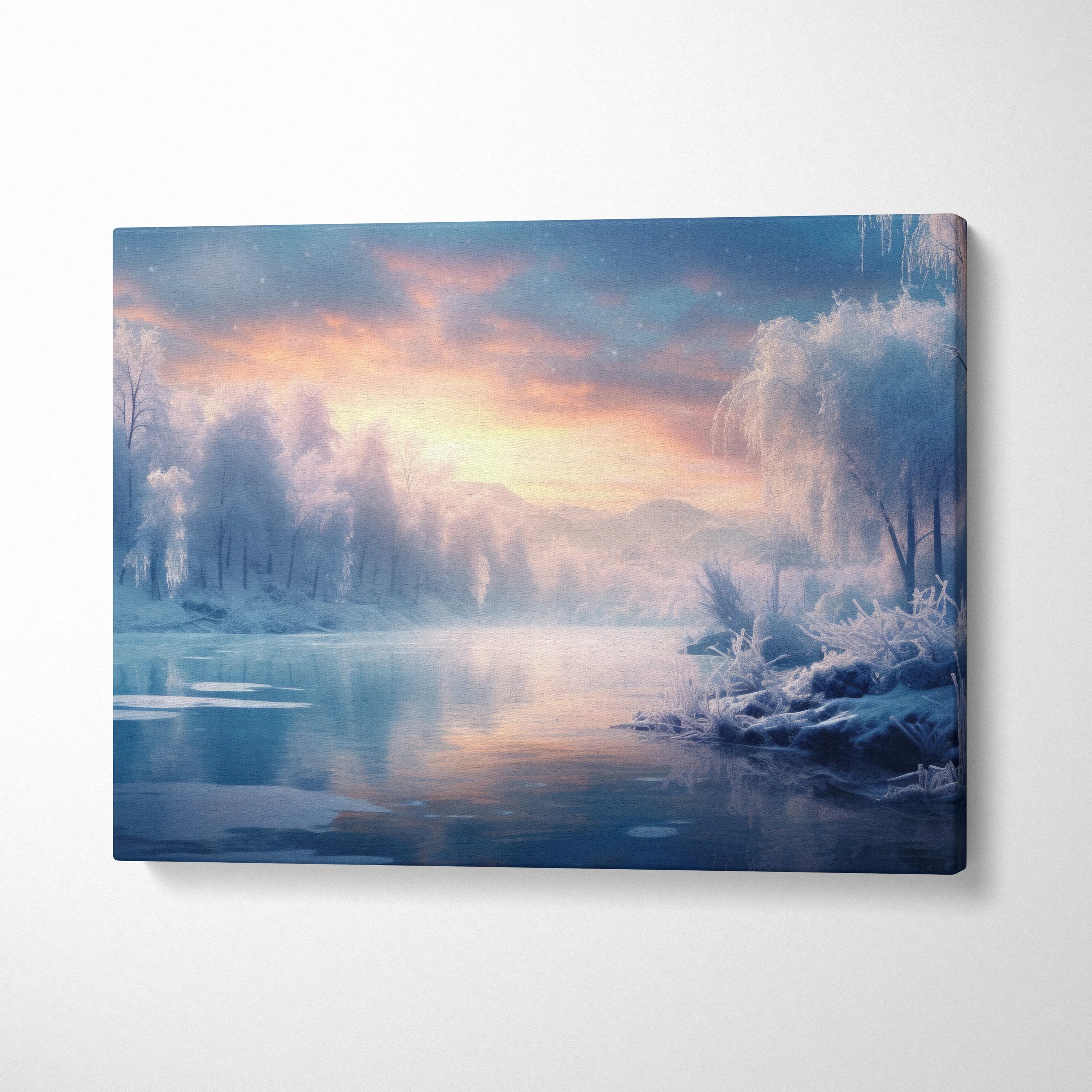 Canvas wall art of a dreamy winter snowy sunset landscape with icy trees and reflective water decor.