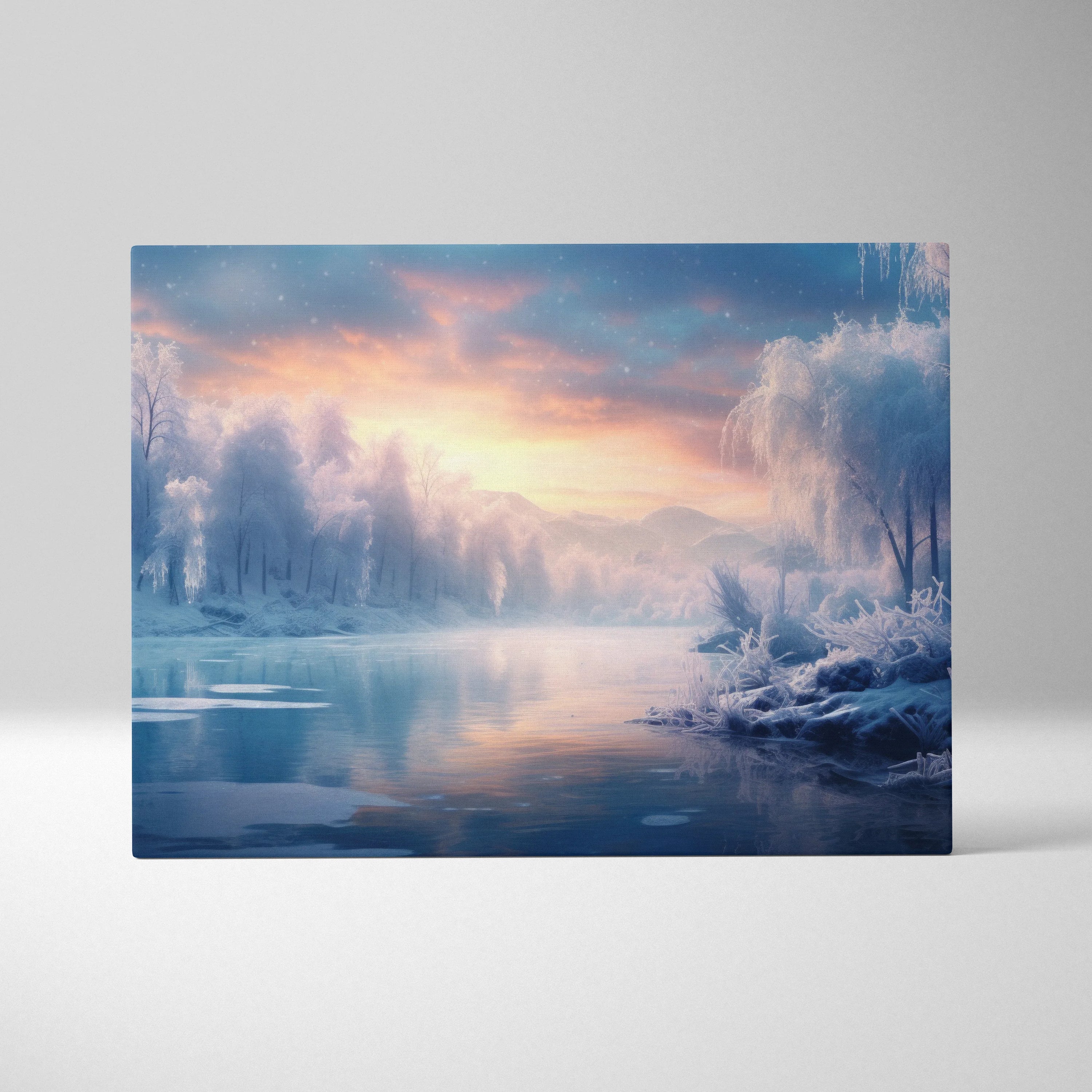 Canvas wall art of a serene snowy landscape at sunset with soft pink and blue hues over icy trees and a calm river.