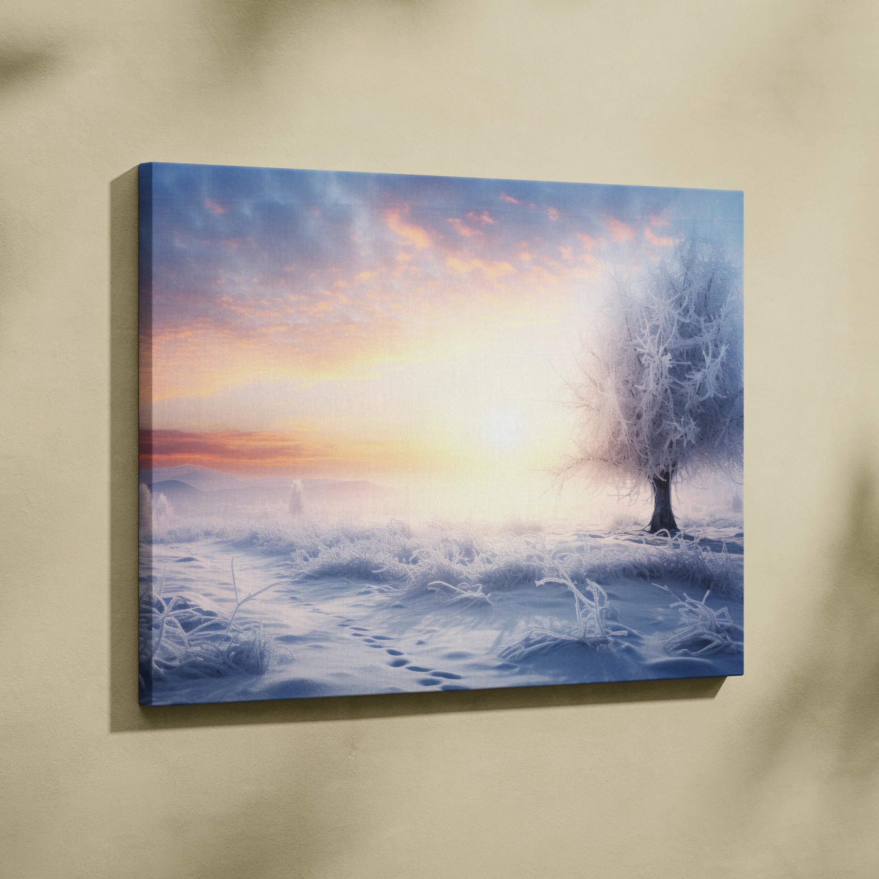 Snowy mountain landscape canvas wall art with a dreamy sunset and frosted tree decor.
