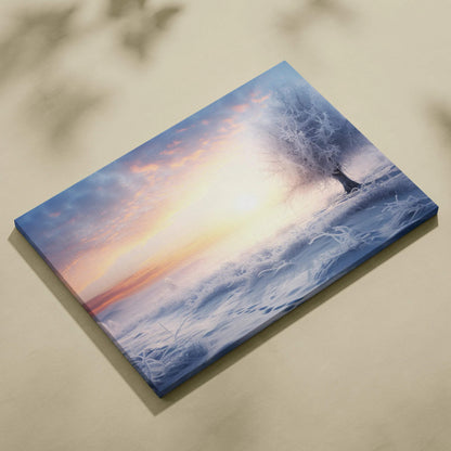 Canvas wall art featuring a snowy mountain landscape with a glowing sunset sky in soft pastel hues.